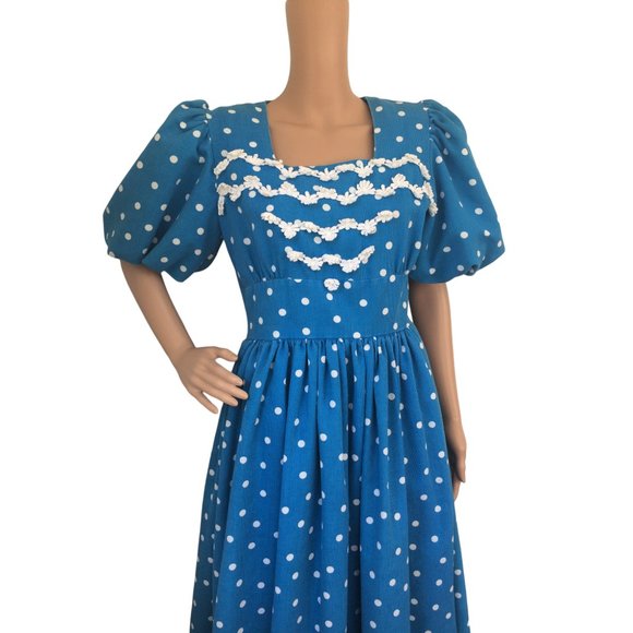 Blue Polka Dot Dress 80s Retro Open Back Cotton S - Picture 3 of 8